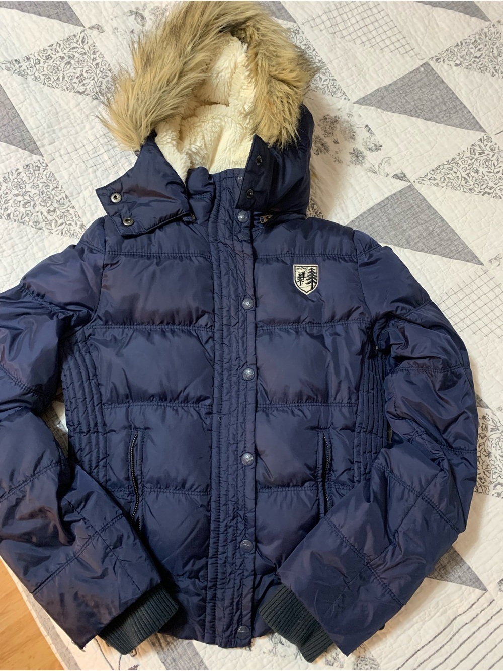 American Eagle Outfitters Navy Puffer Coat with Faux-Fur Trim Hood